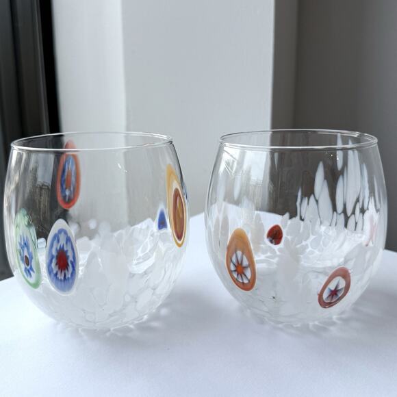 Murano Millefiori Hand Blown Art Glass Stemless Wine Glasses Set of 2 - 3 3/4" - Picture 1 of 9